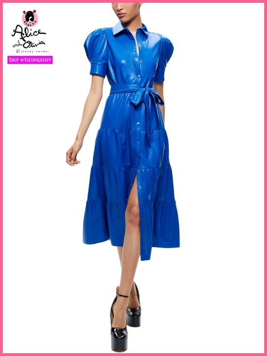 Alice + Olivia Dresses & Skirts - Alice + Olivia Miranda Sapphire Blue Vegan Leather Button Front Tiered Dress